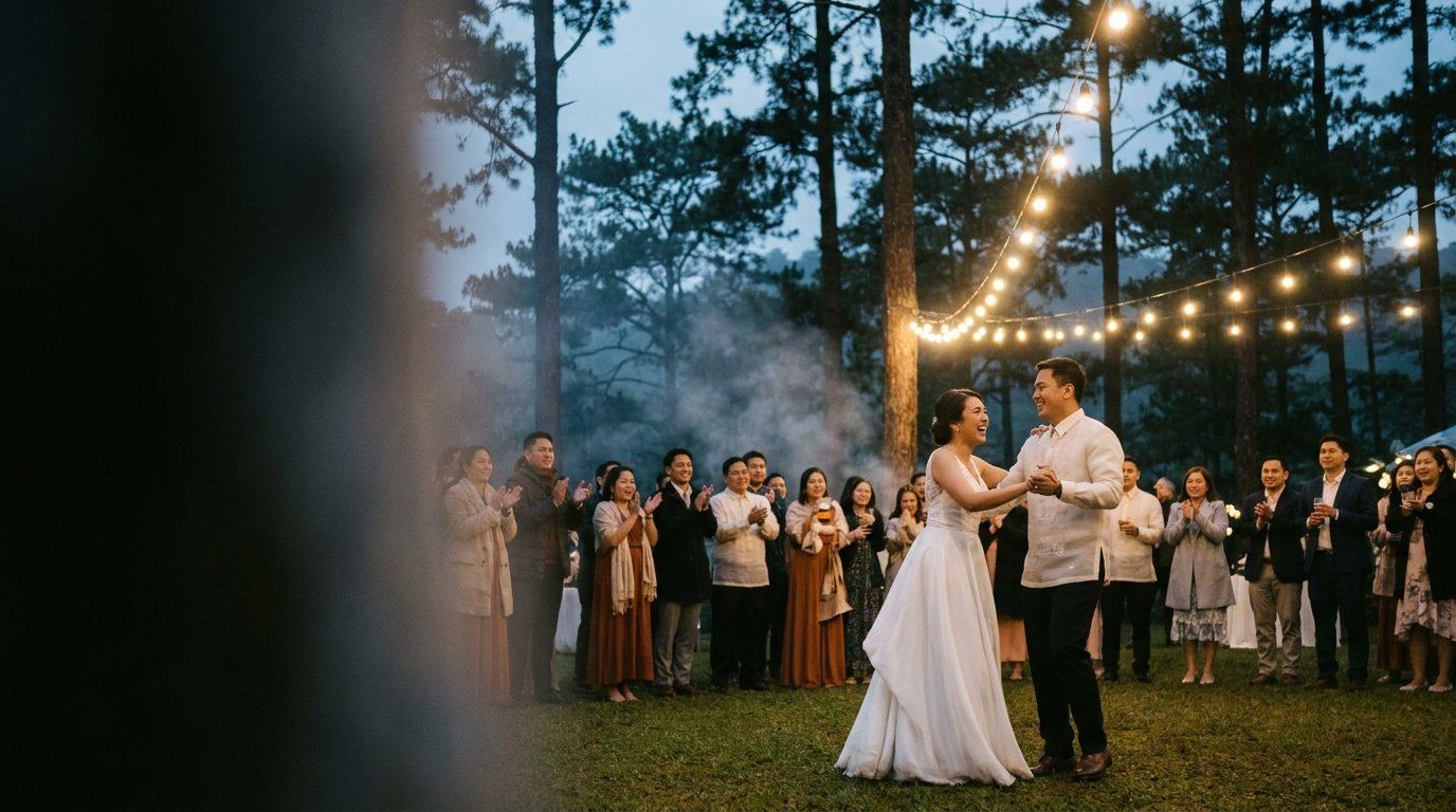 A couple’s first dance under festoon lights among pines, guests applauding in light mist.